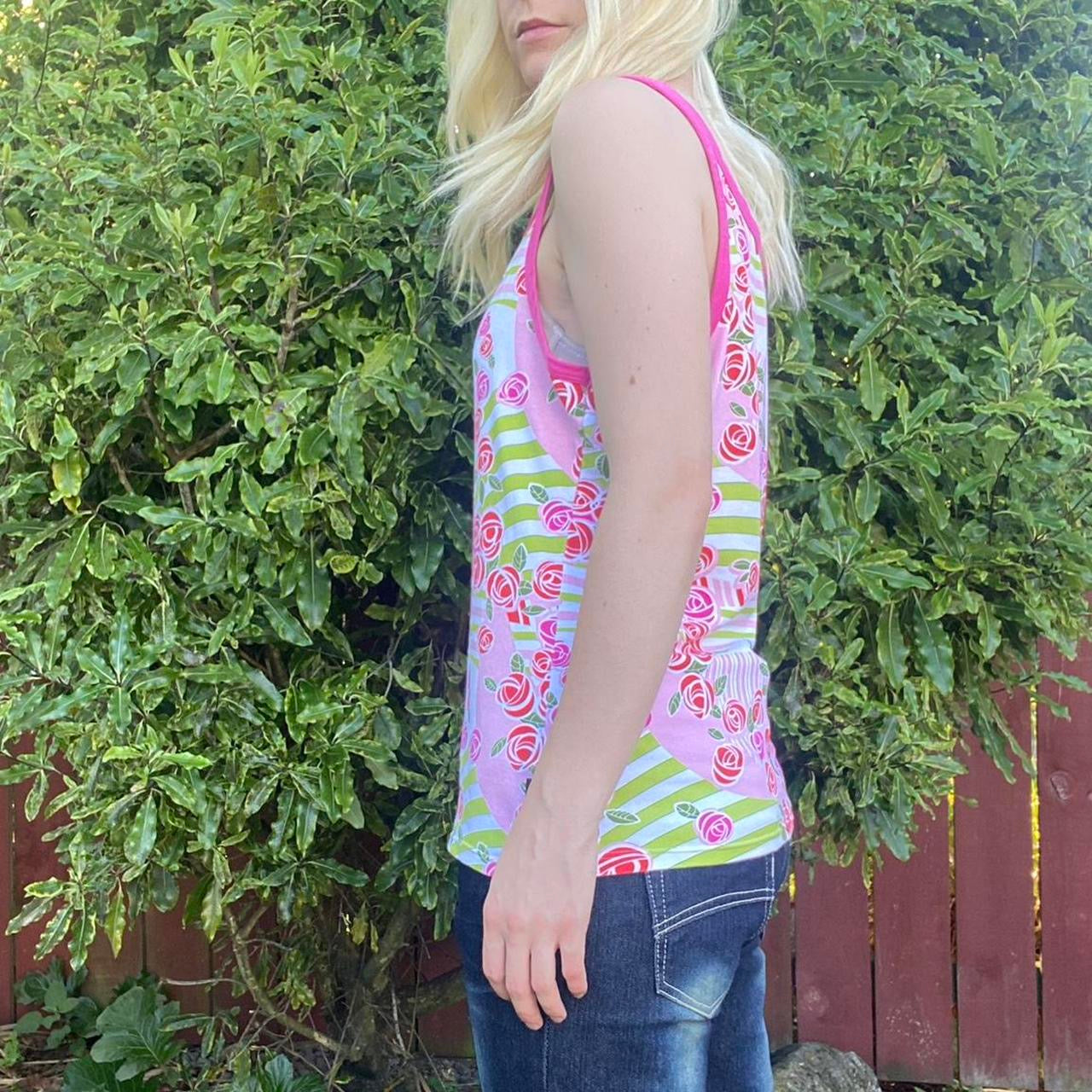 Y2K Pink and green tank top with rose print