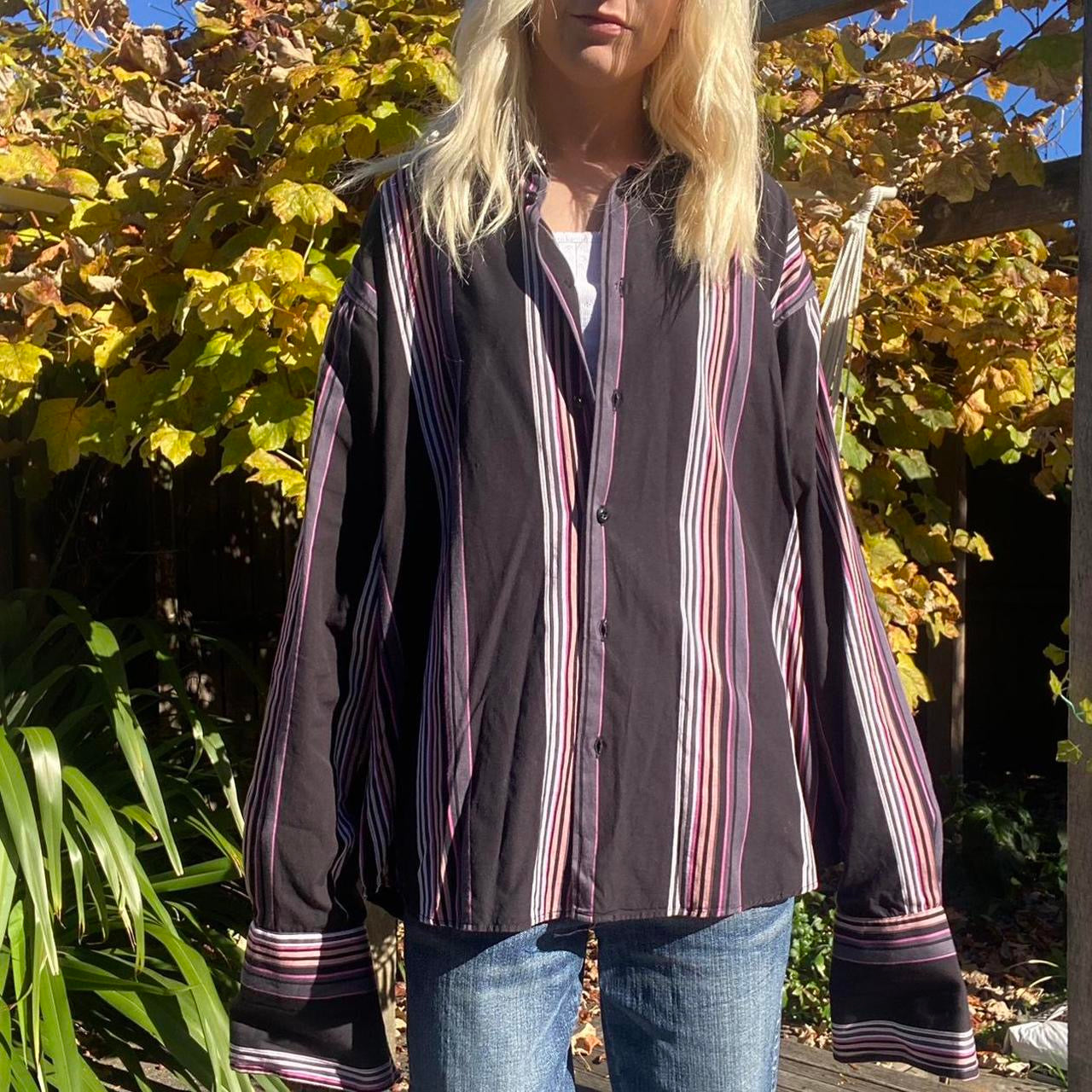 90s Grey and Pink Striped button up shirt
