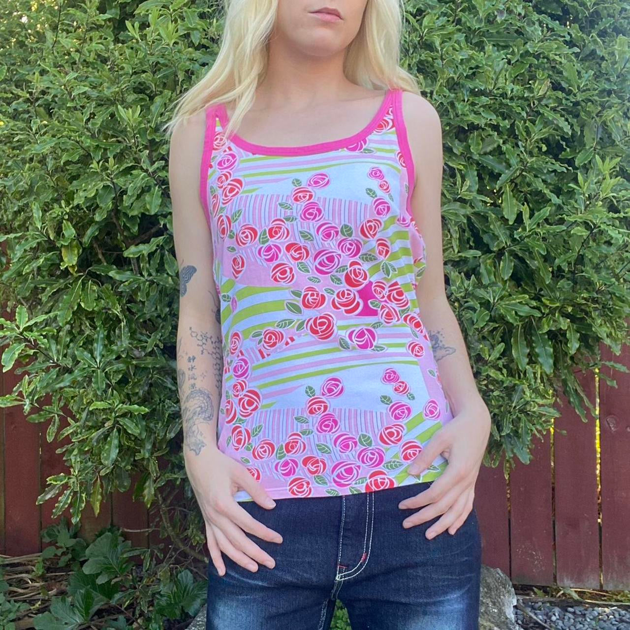 Y2K Pink and green tank top with rose print