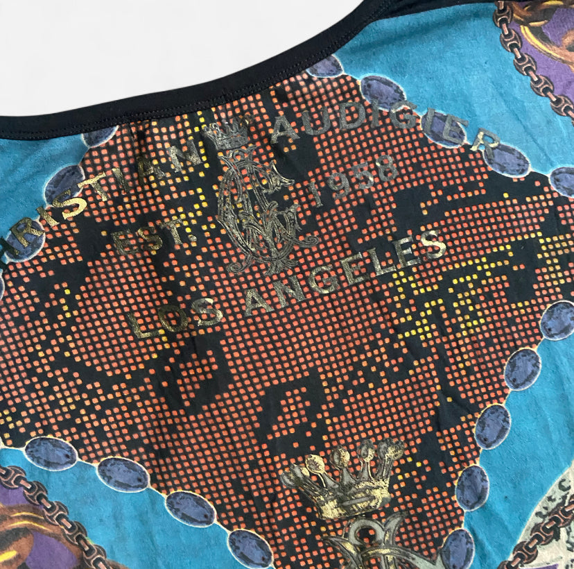 Insane Y2K Christian Audigier graphic rose print top