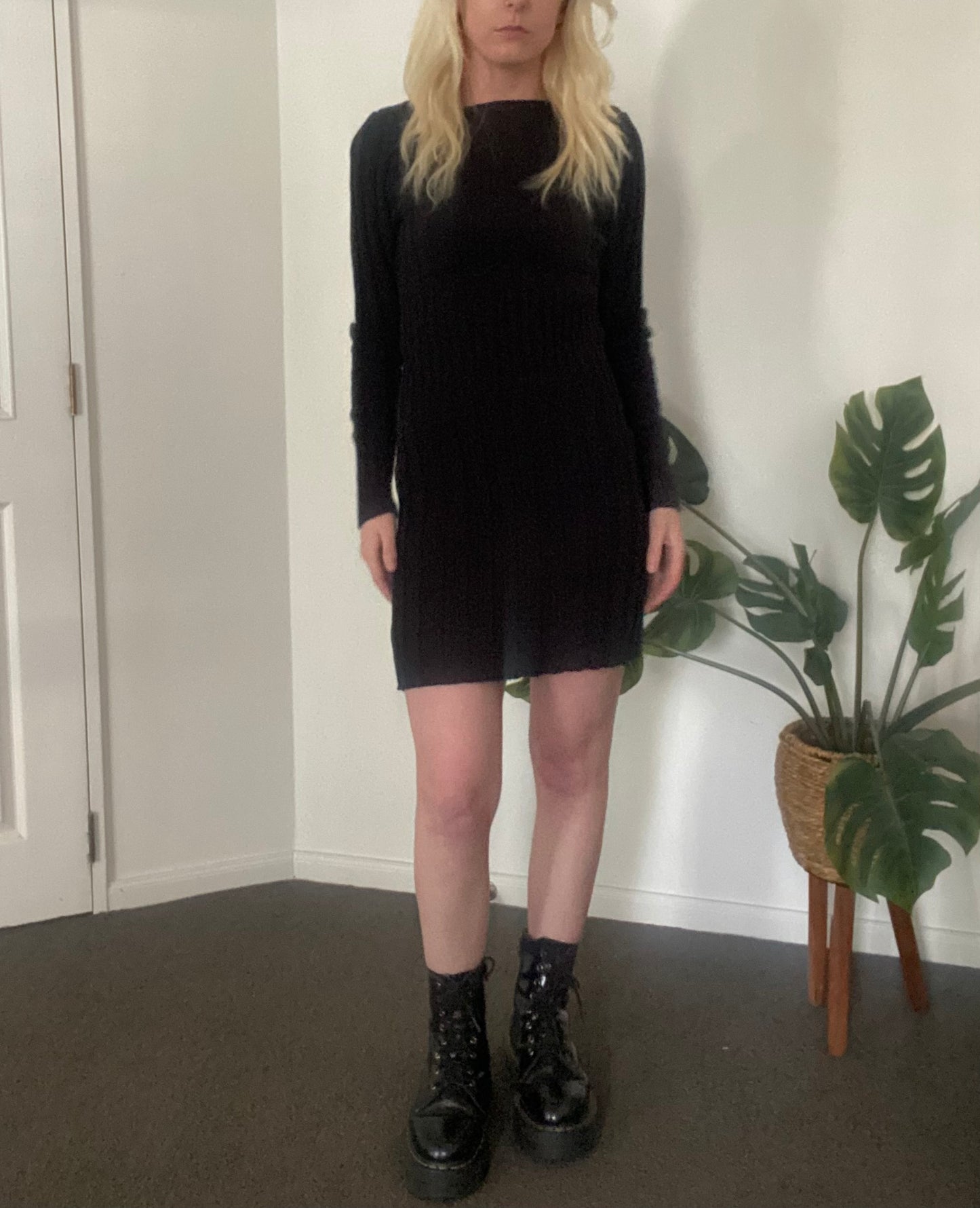 Black long sleeve ribbed knit dress