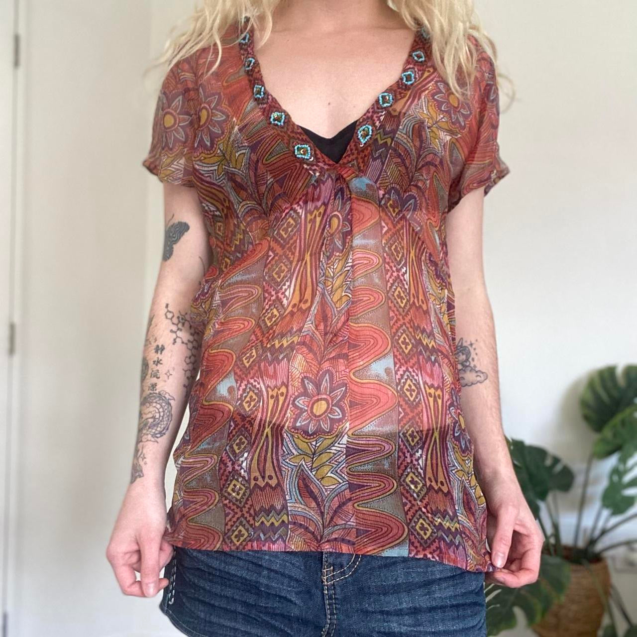 Y2K silk multicoloured boho top