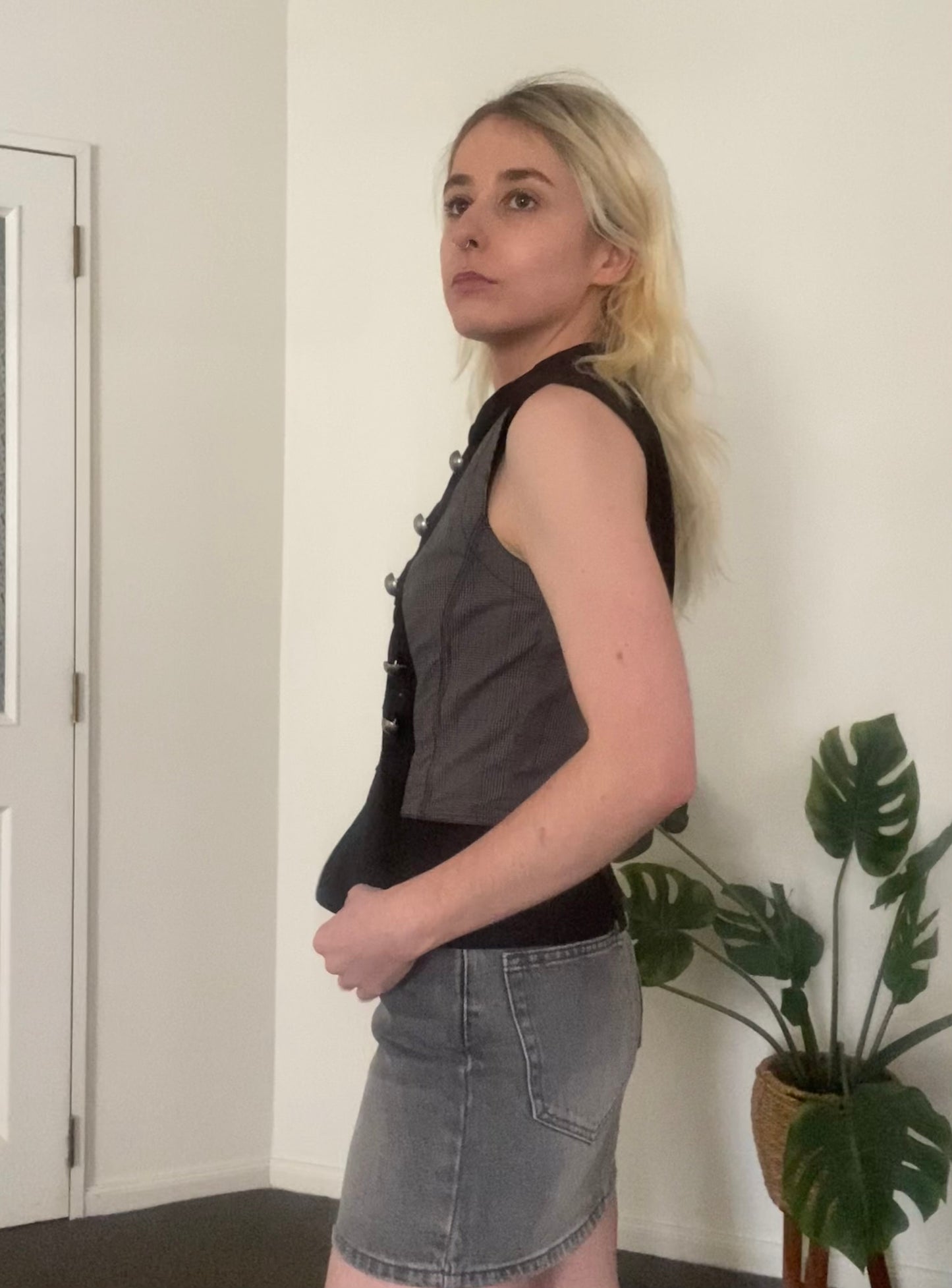 Y2K tailored black and plaid vest with cool gold buttons
