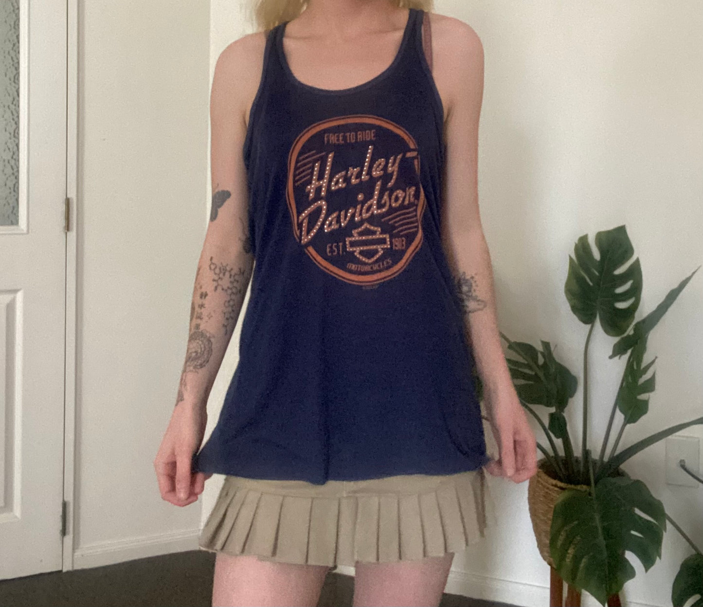 Y2K Harley Davidson navy and orange tank top
