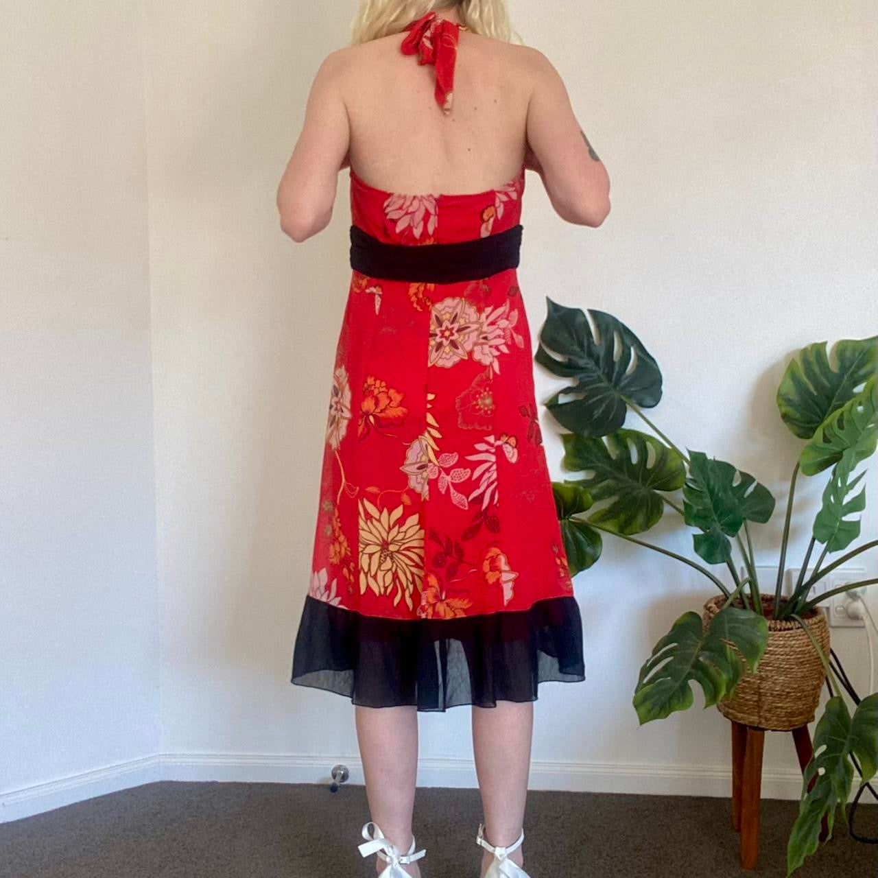 Gorgeous Y2K Red floral Babydoll halter dress with black ruffle trim