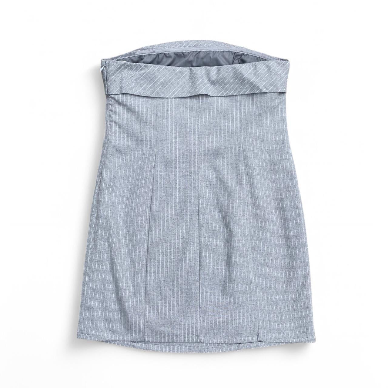 Grey and White pinstripe strapless mini dress