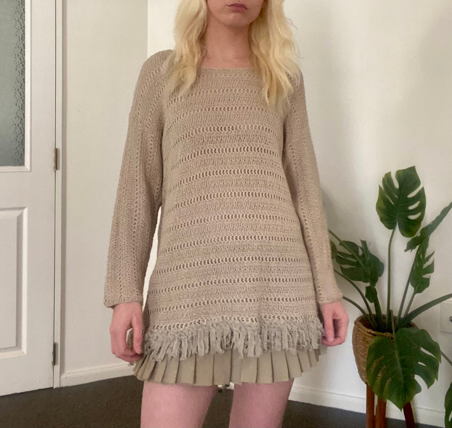 Fairy tan crochet sweater with fringe hem