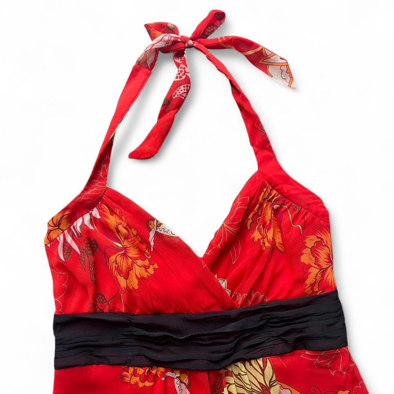 Gorgeous Y2K Red floral Babydoll halter dress with black ruffle trim