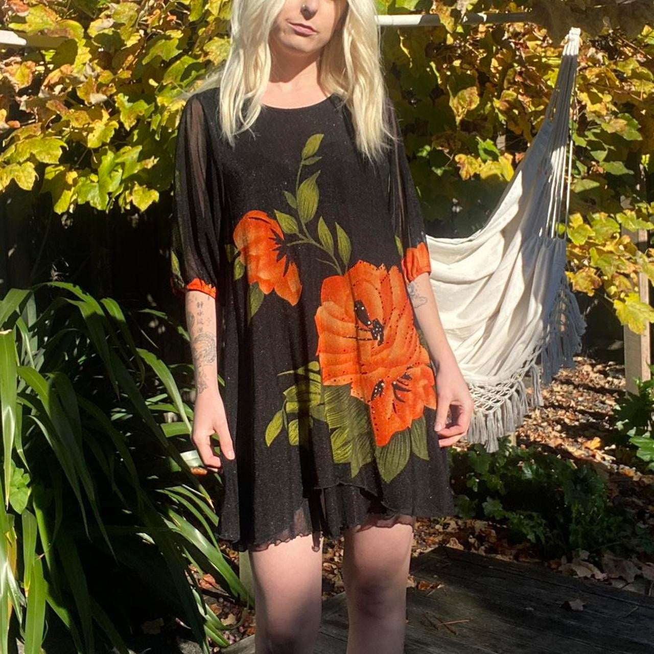 00s mesh Black mini dress with orange floral print