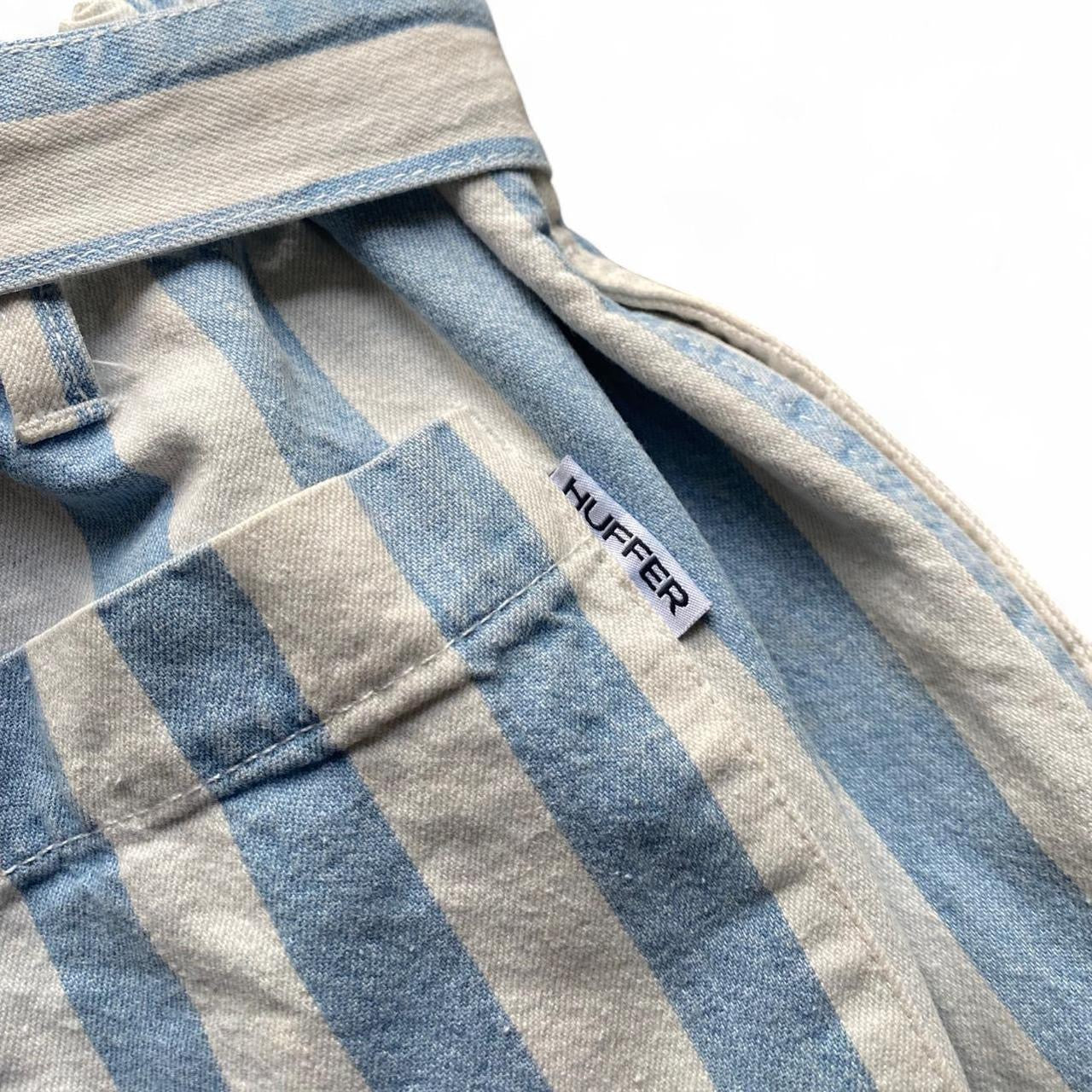 Huffer high-waisted Blue and white striped denim shorts with cute tie up waist