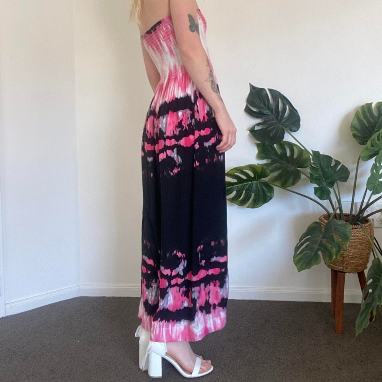 Y2K Pink and black tie dye strapless maxi dress