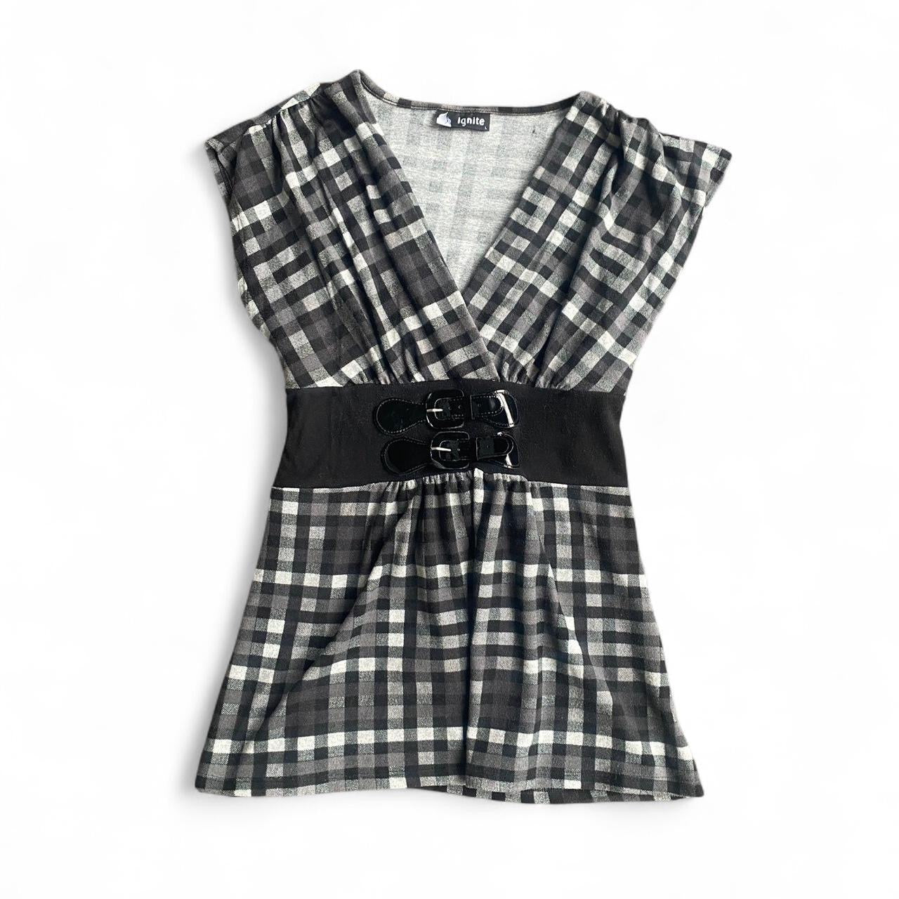 Grey and black plaid Y2K Ignite babydoll top with black belt