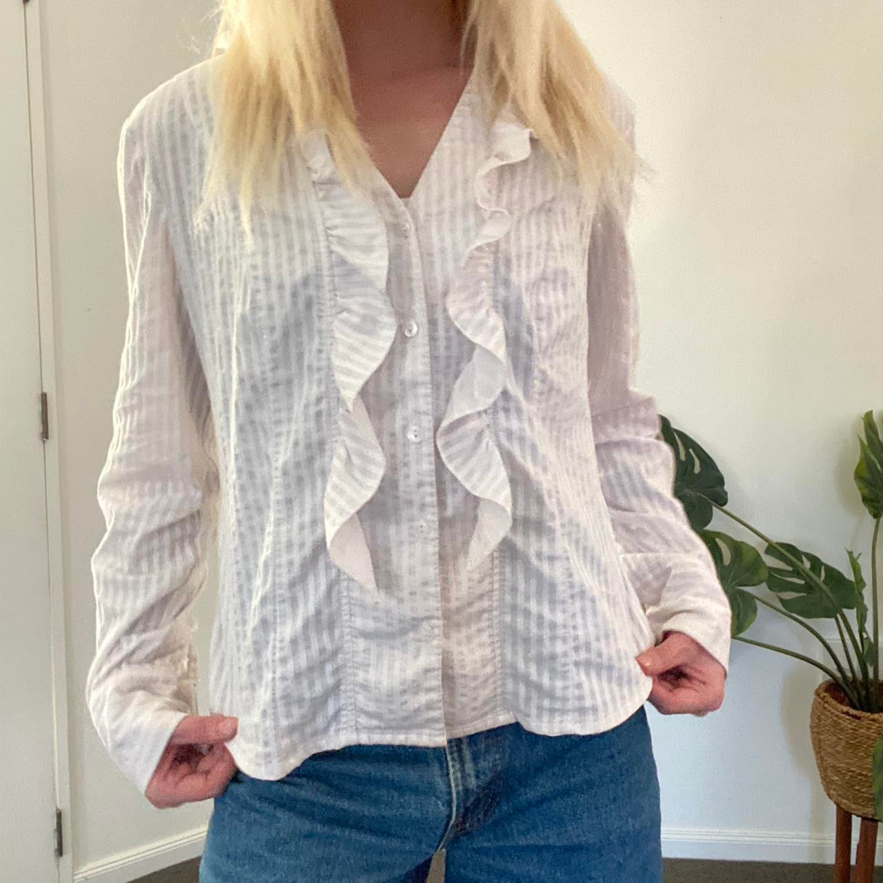 Cute vintage pinstripe cream and white ruffle blouse