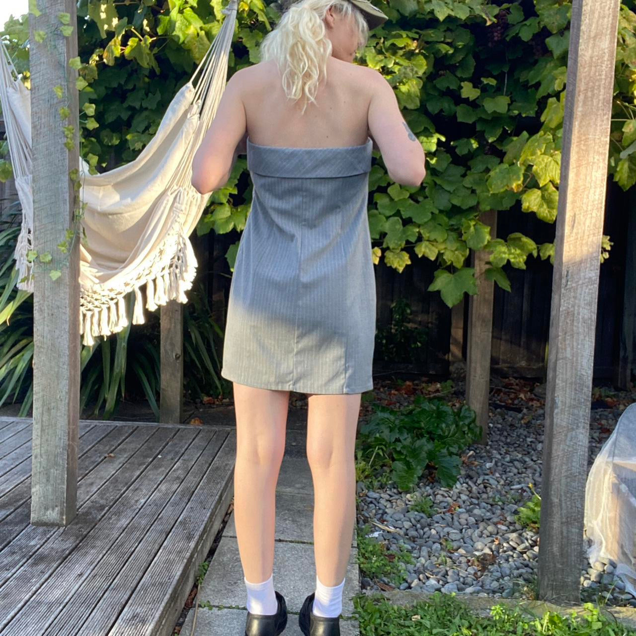 Grey and White pinstripe strapless mini dress