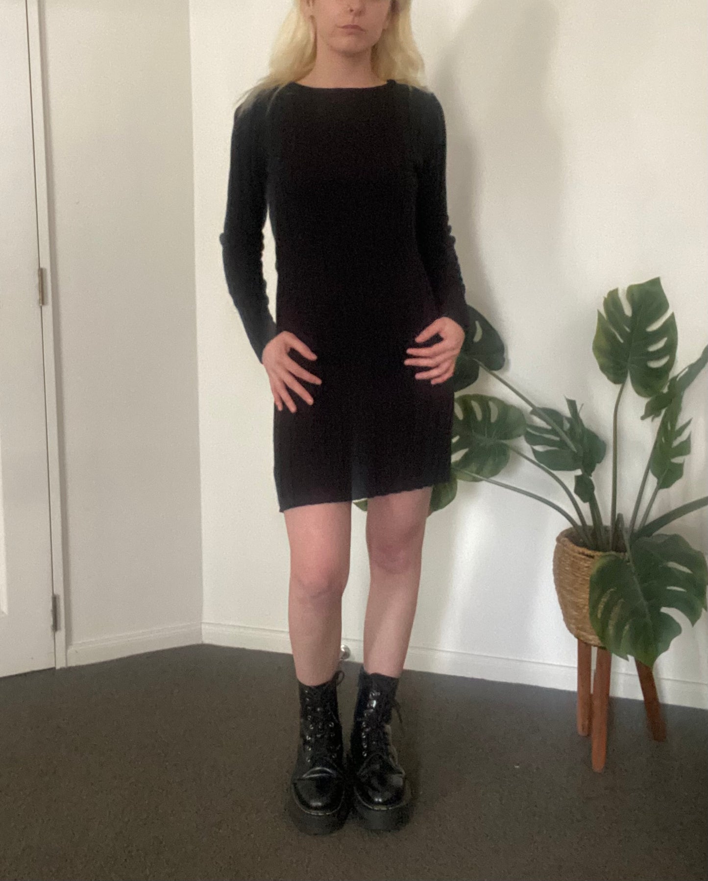 Black long sleeve ribbed knit dress