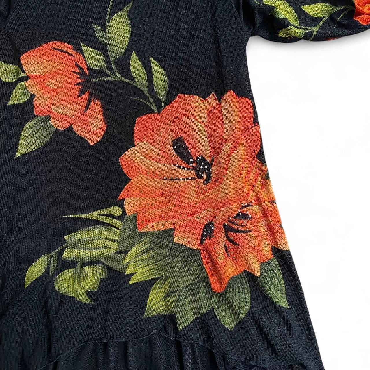 00s mesh Black mini dress with orange floral print