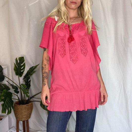 Y2K pink boho embroidery flowy top