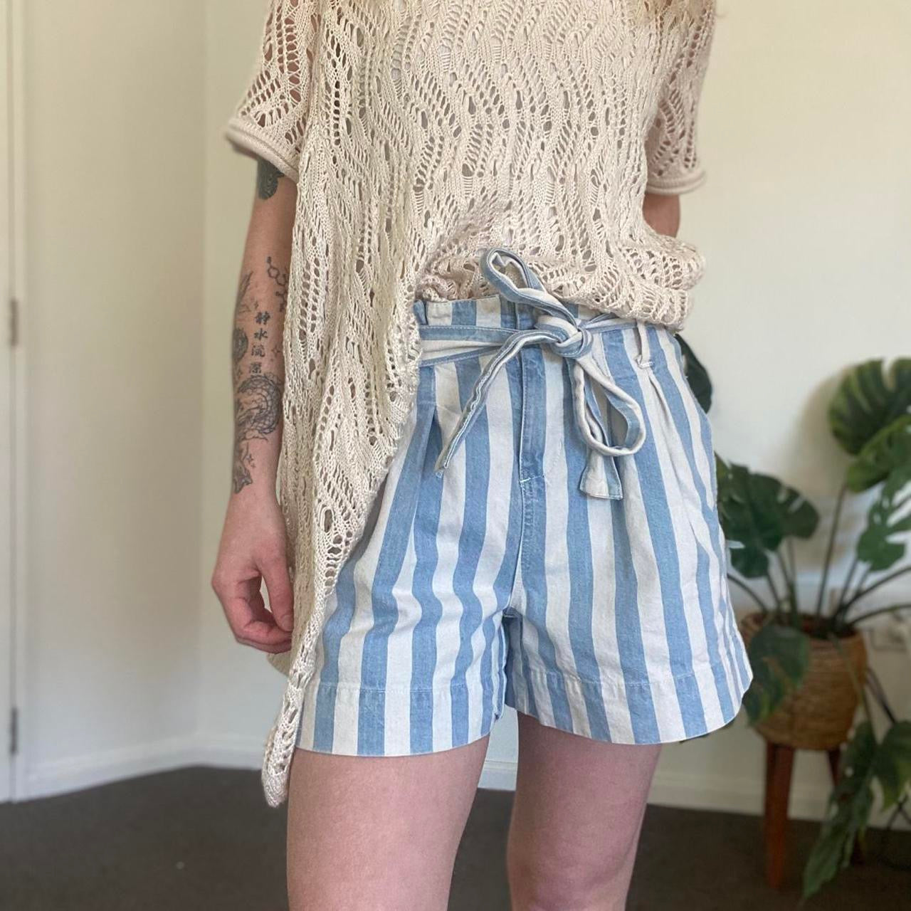 Huffer high-waisted Blue and white striped denim shorts with cute tie up waist