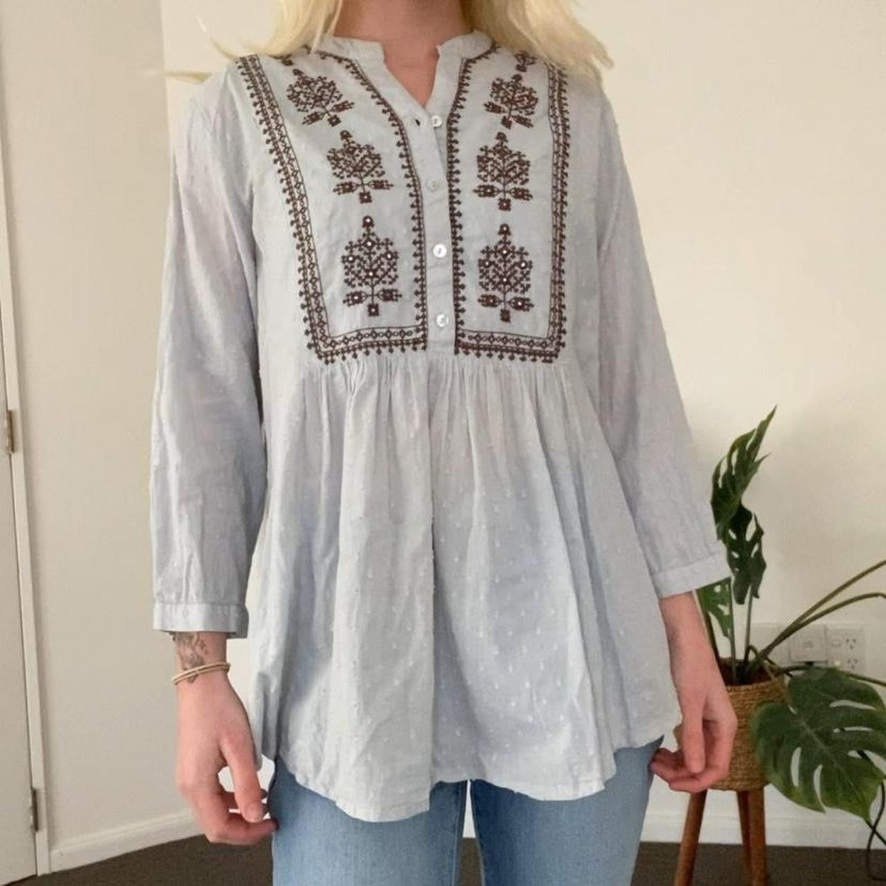 Cute teal/brown peplum blouse with embroidery