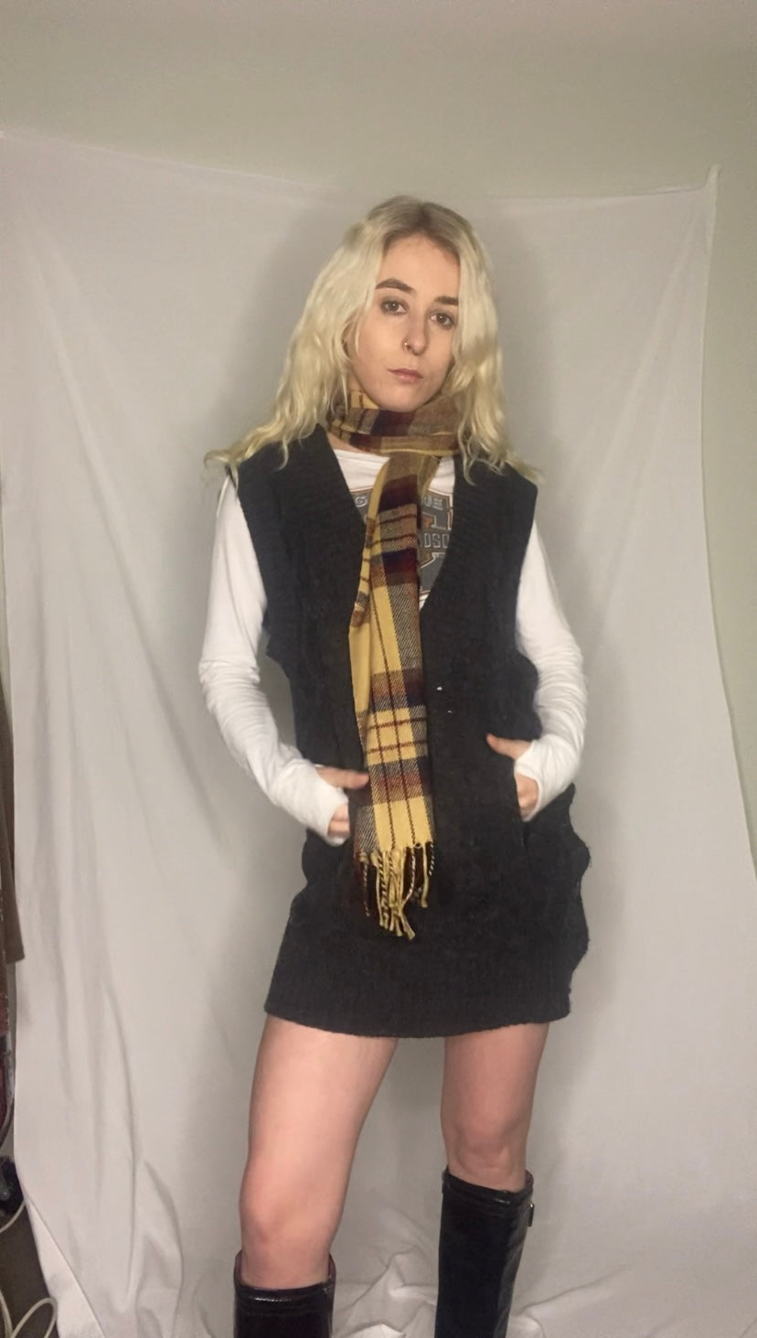 lightweight yellow plaid scarf with fringe