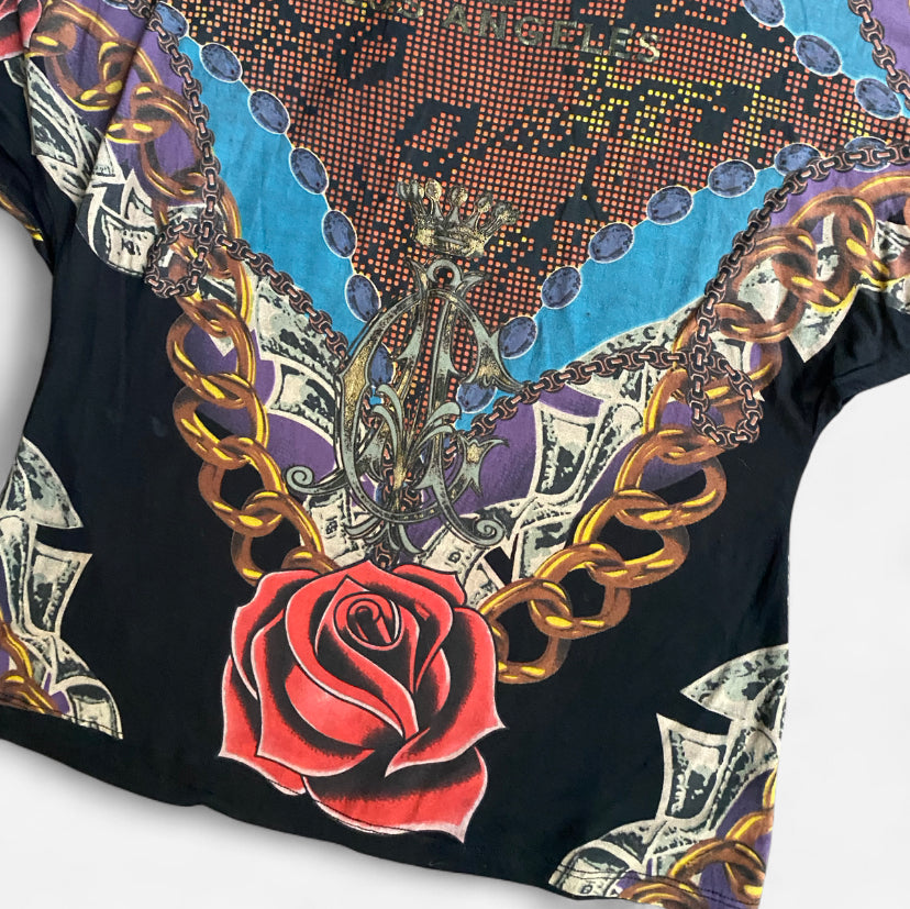 Insane Y2K Christian Audigier graphic rose print top