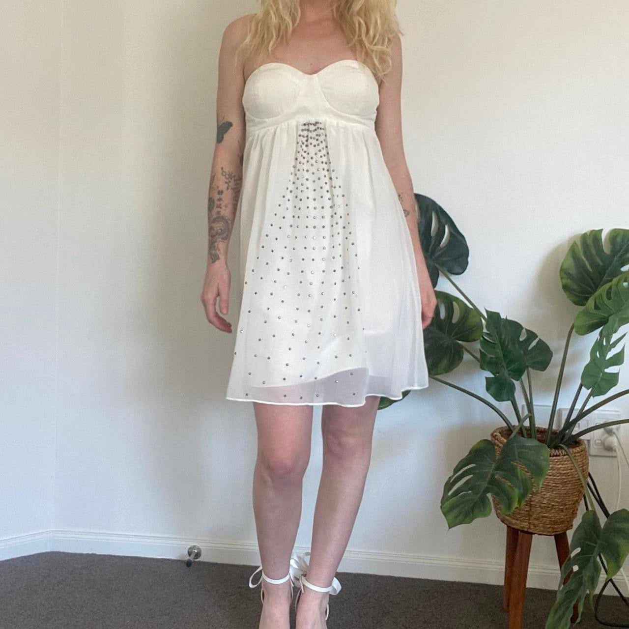 Cutest Y2K white strapless studded babydoll dress