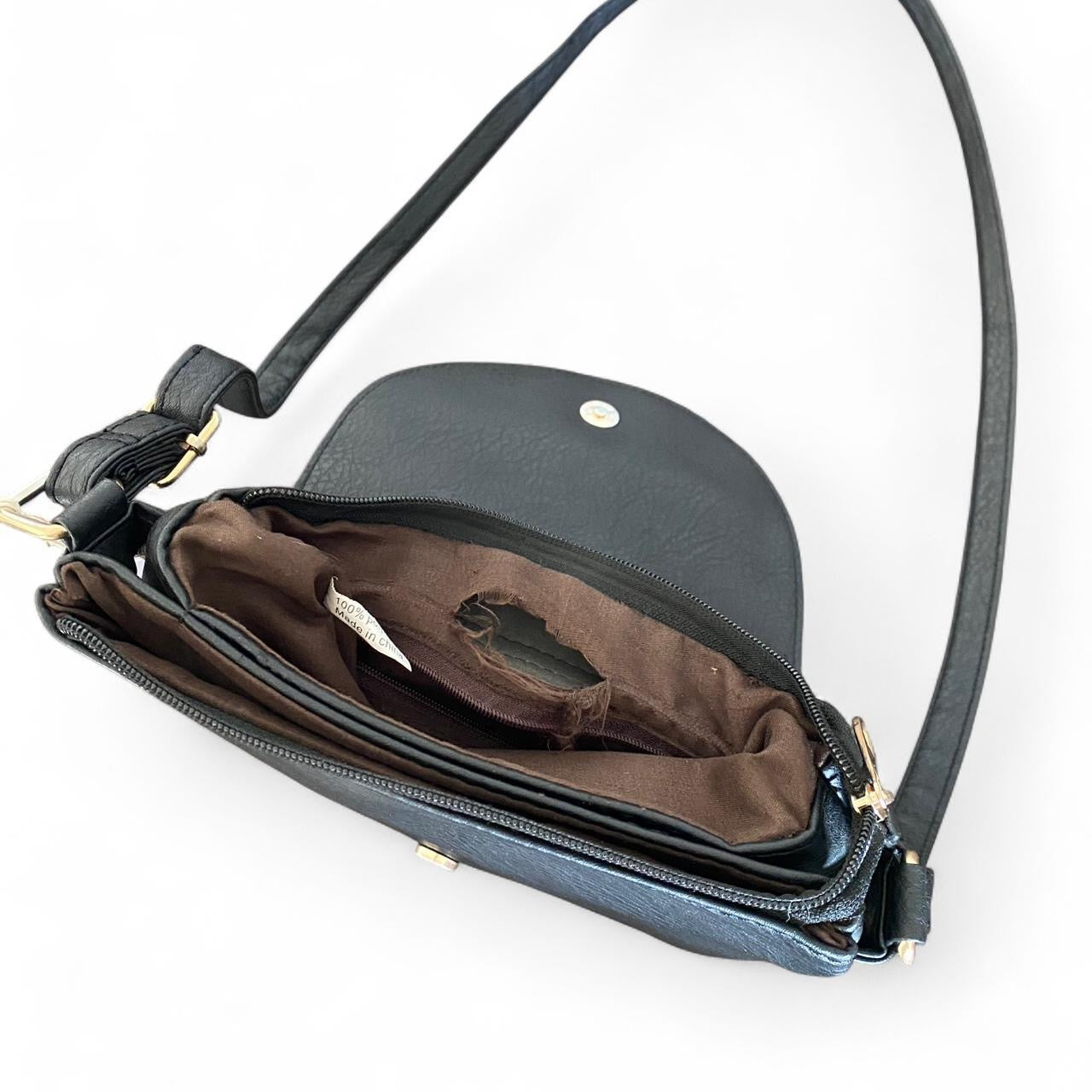 Black leather crossbody bag with cute floral design