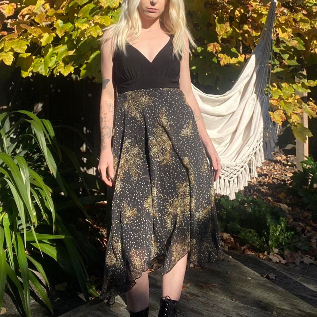 Y2K Black and gold star print asymmetrical midi dress