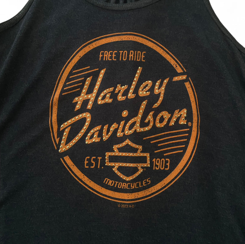 Y2K Harley Davidson navy and orange tank top