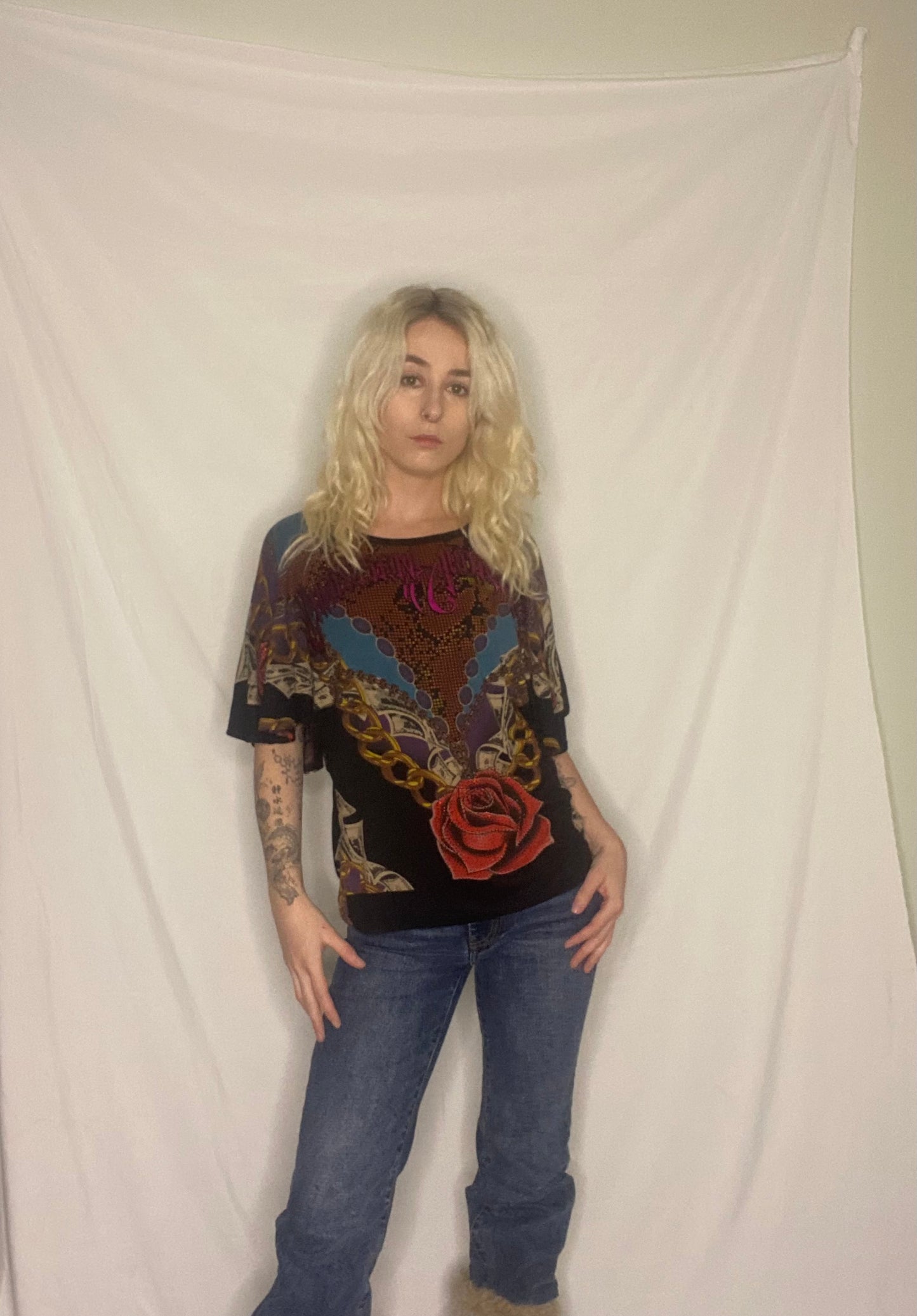 Insane Y2K Christian Audigier graphic rose print top