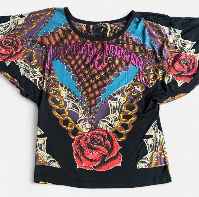 Insane Y2K Christian Audigier graphic rose print top