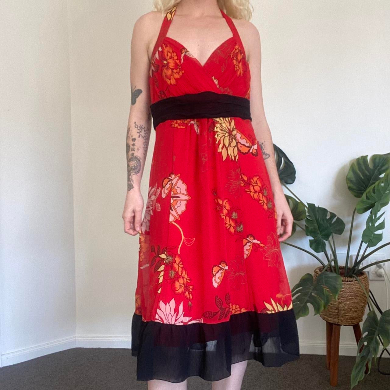 Gorgeous Y2K Red floral Babydoll halter dress with black ruffle trim