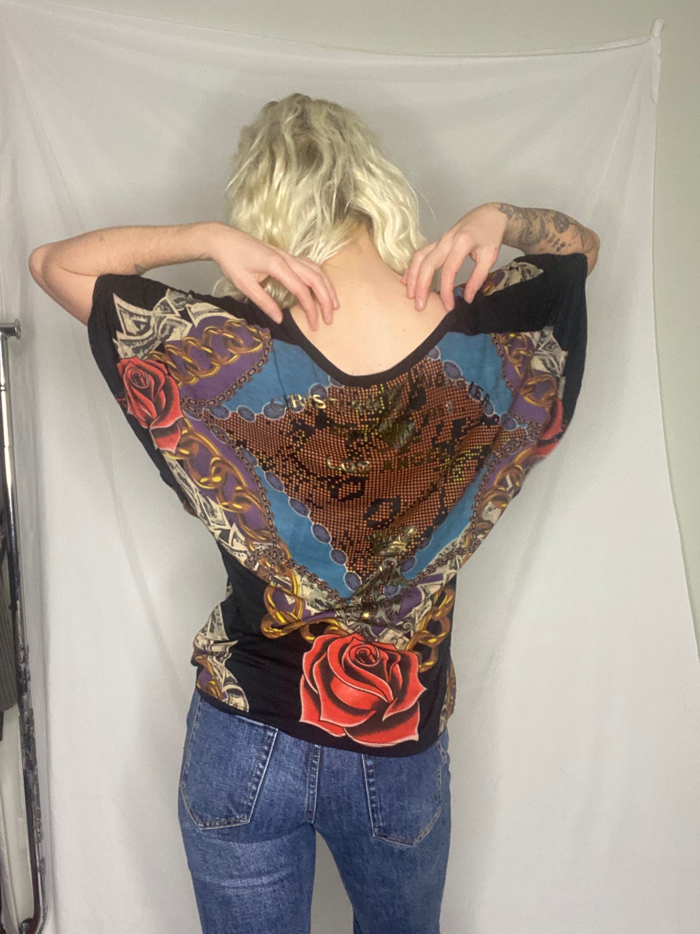 Insane Y2K Christian Audigier graphic rose print top