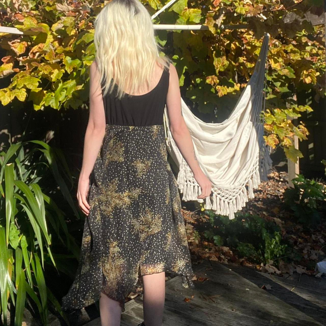 Y2K Black and gold star print asymmetrical midi dress