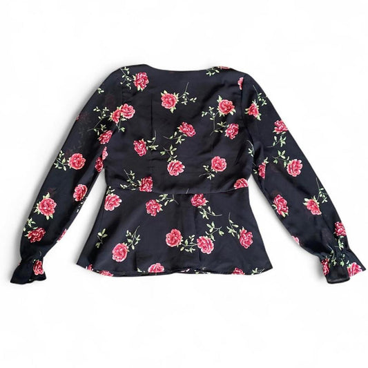 Black floral blouse with tie up front