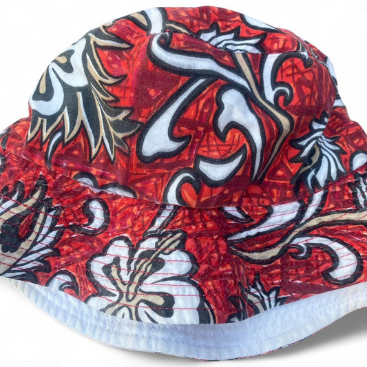 Cool 00s style red Hawaiian print bucket hat
