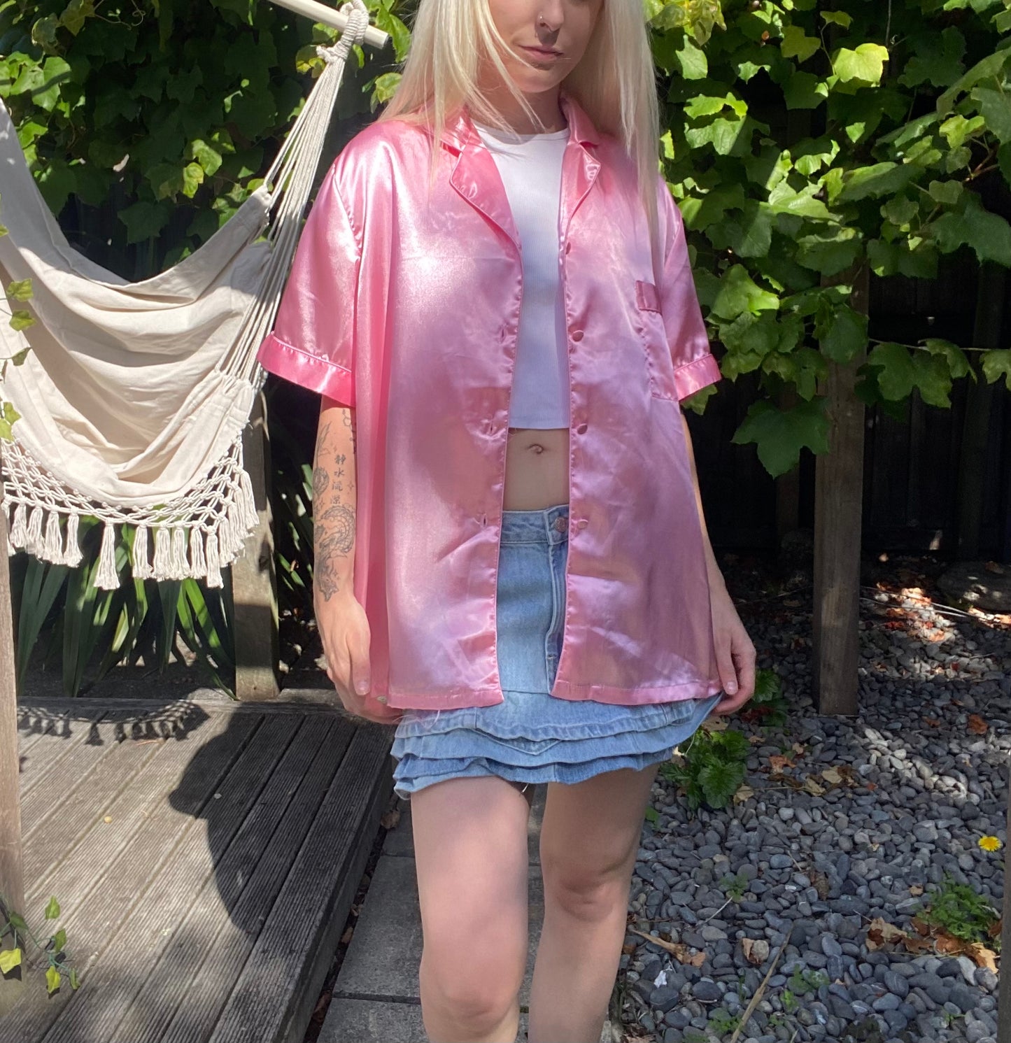 Retro Pink satin button-up shirt