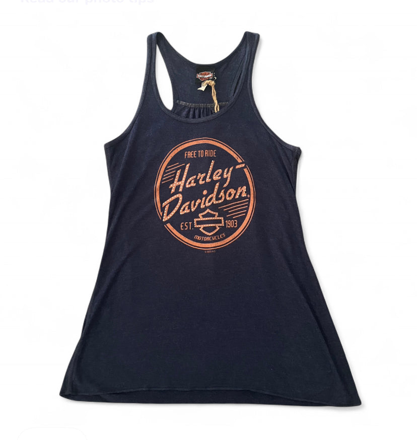 Y2K Harley Davidson navy and orange tank top