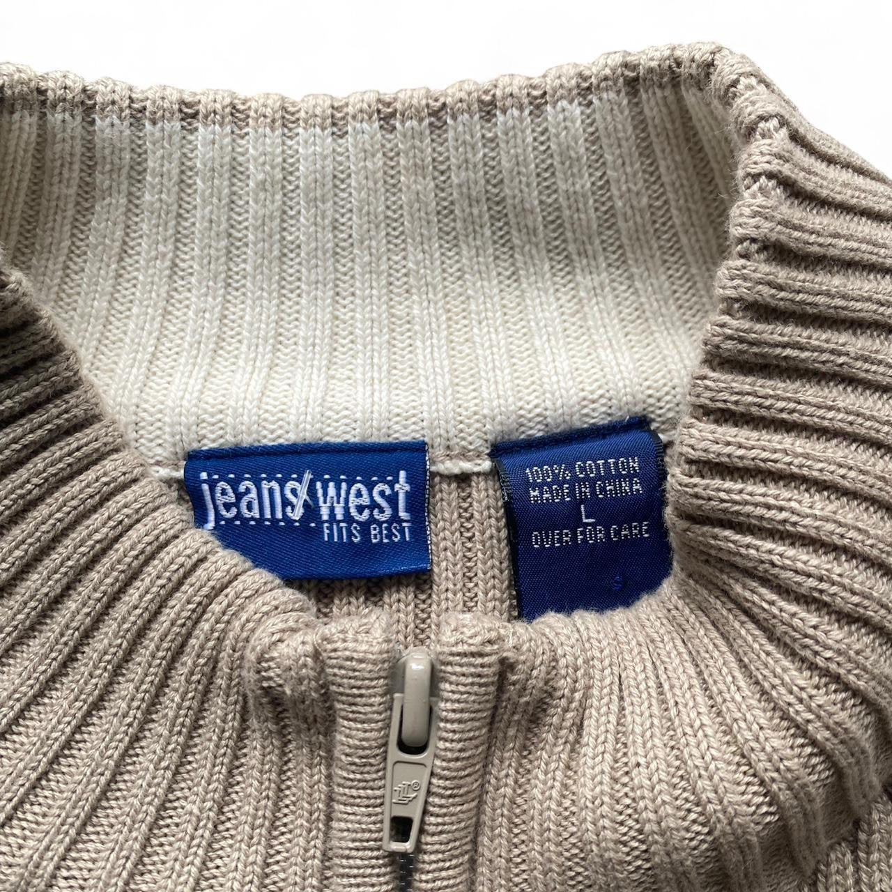 Y2K tan and white ribbed zip-up sweater