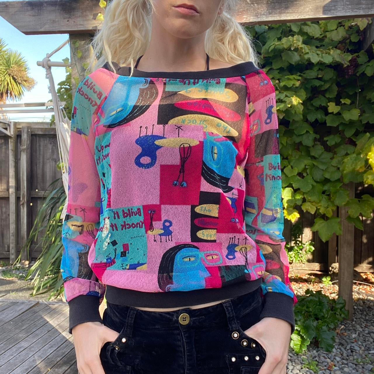 Vintage off the shoulder 90s print mesh layered top