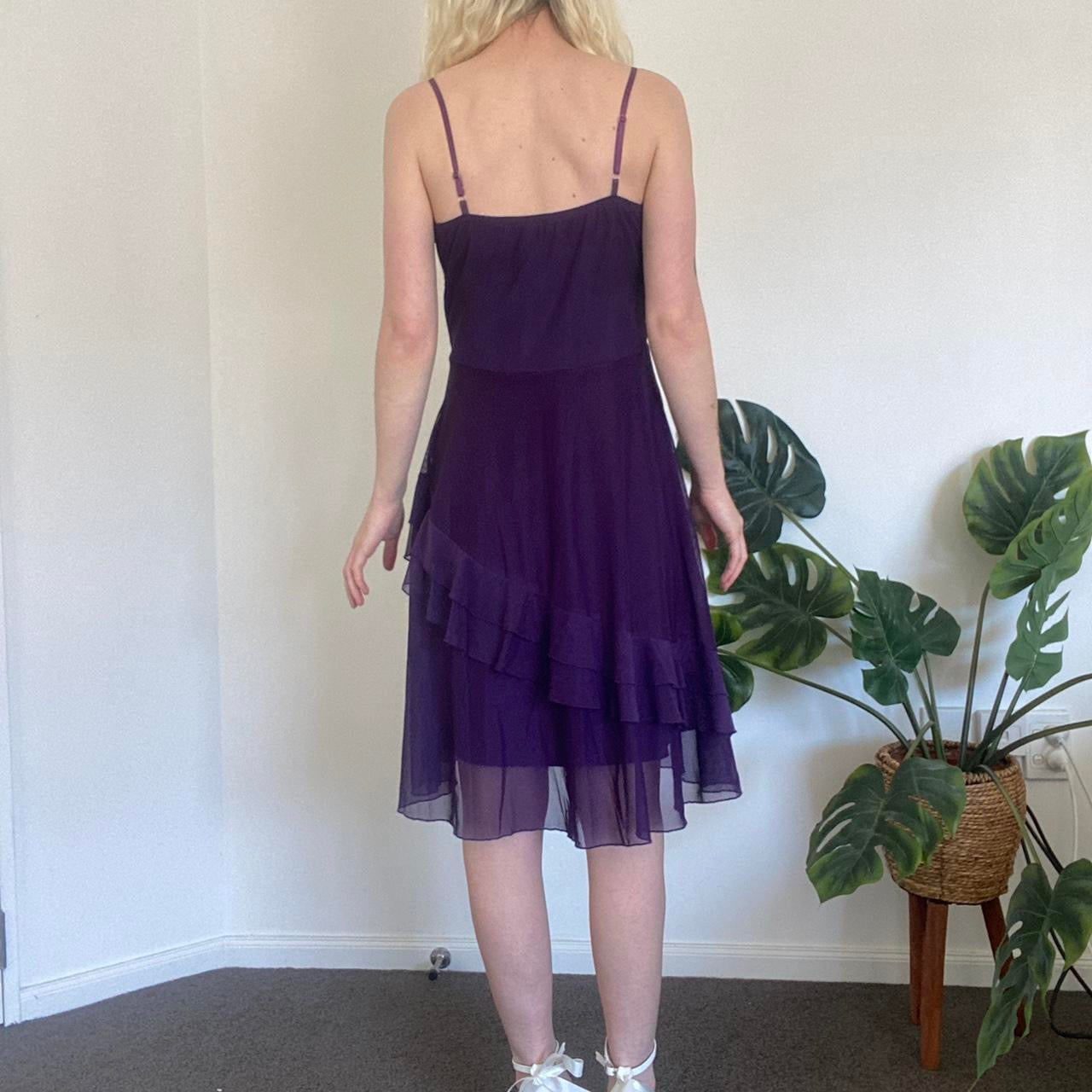 Gorgeous 90s Purple Donna Bella midi dress with cute ruffle details