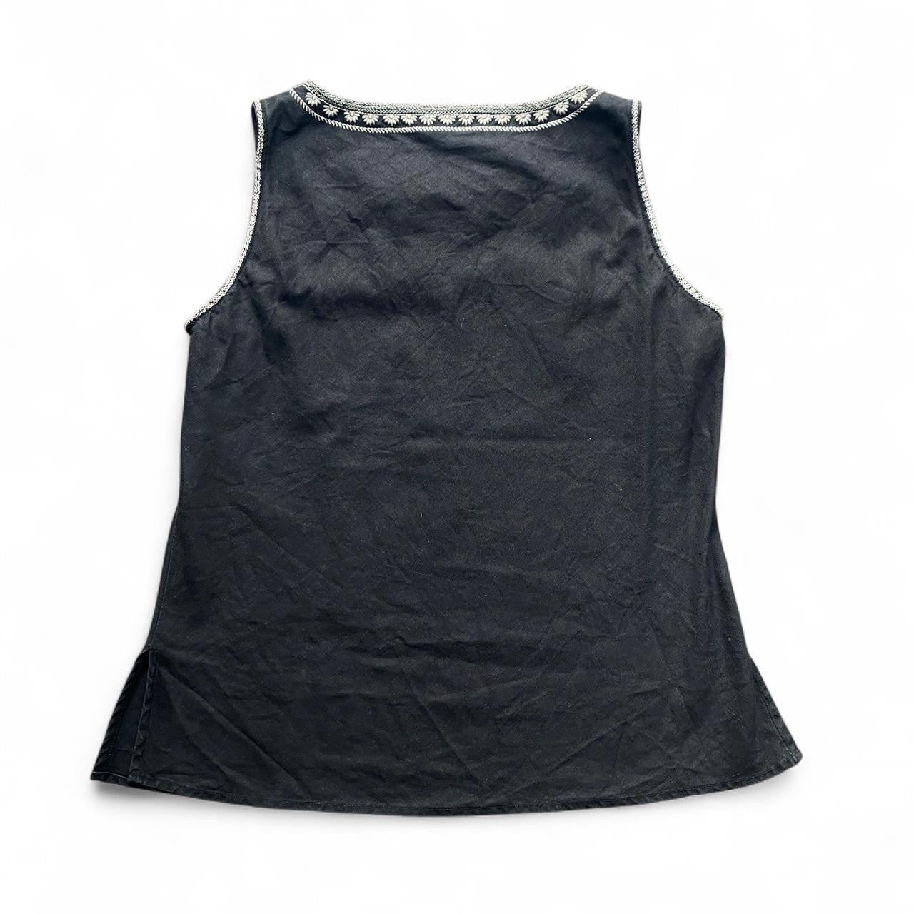 Y2K black linen tank with white embroidery