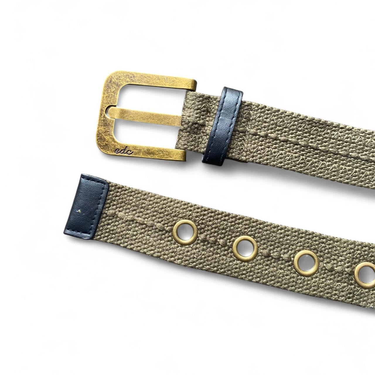Y2K EDC chunky khaki green army canvas belt with gold buckles