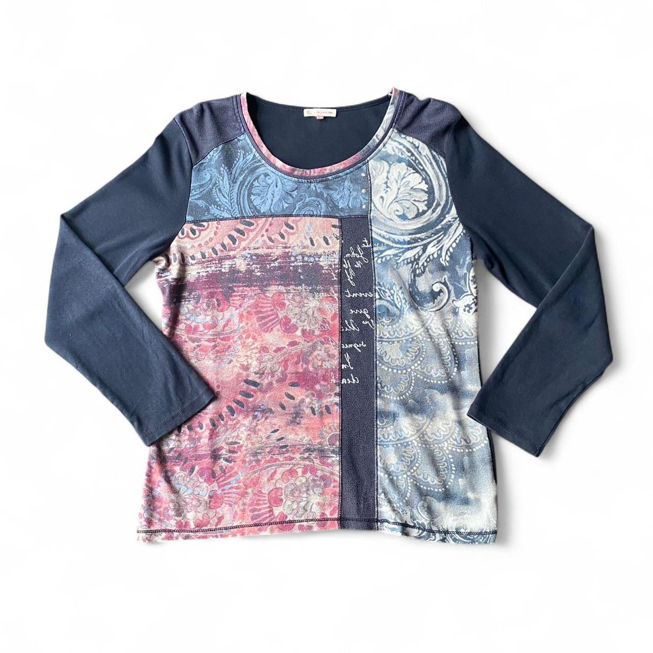 Vintage Navy blue & multi-coloured patchwork long sleeve top