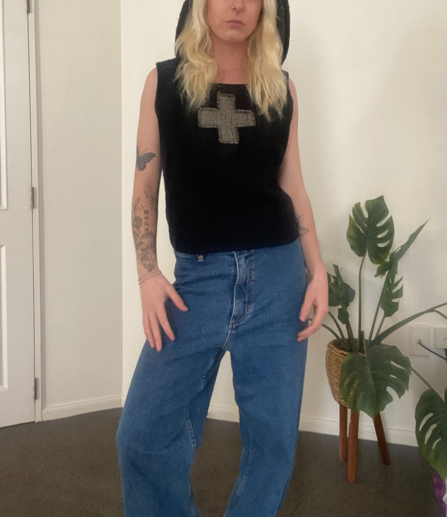 Black knit cropped Cross hoodie top