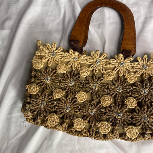 Cute Floral Woven Handbag with wooden handles