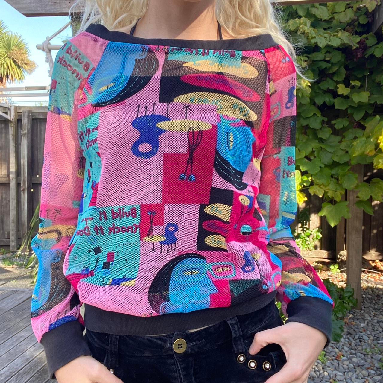 Vintage off the shoulder 90s print mesh layered top
