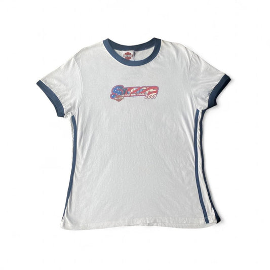 White and blue vintage 2007 Harley Davidson ringer tee