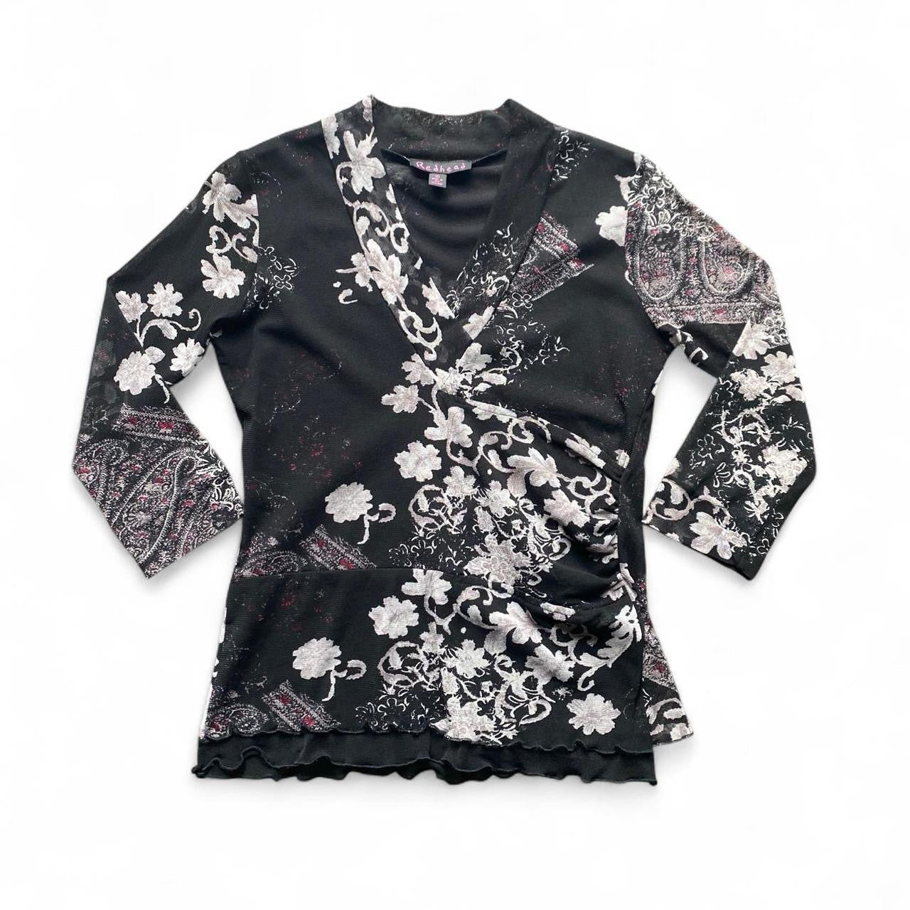 Y2K Black and grey floral mesh 3/4 top