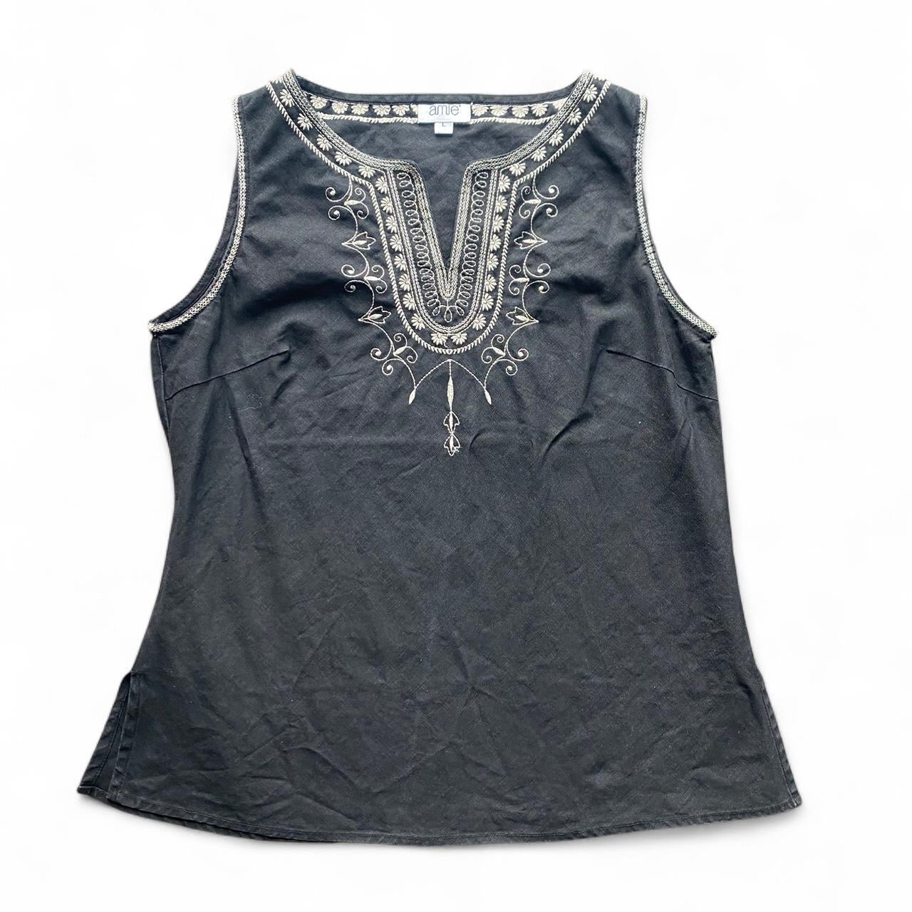 Y2K black linen tank with white embroidery